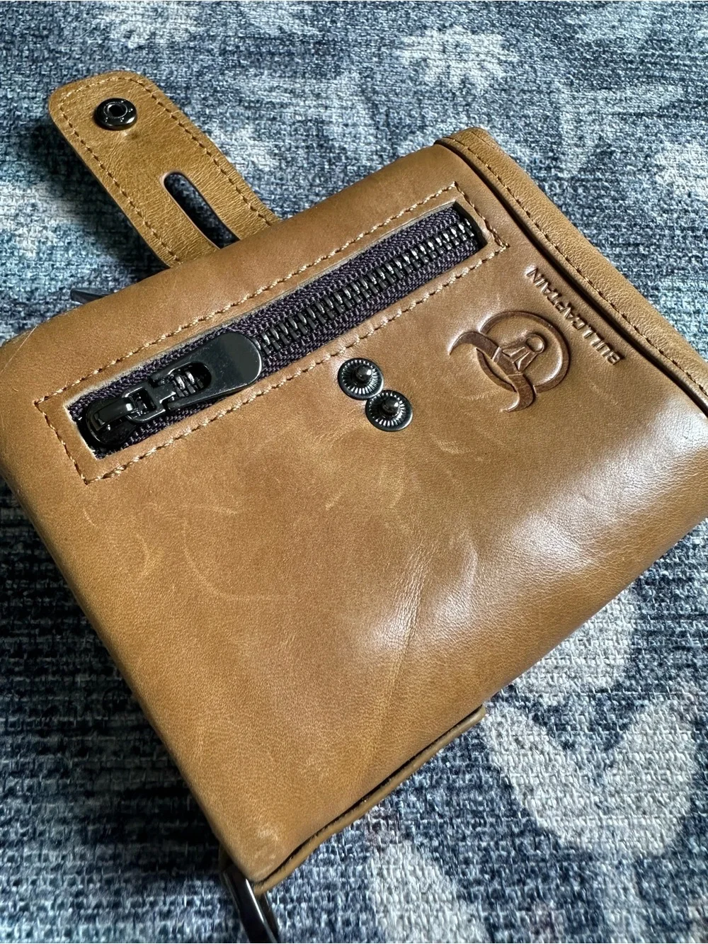 Bullcaptain Tan Leather Compact Zip Wallet with Key Ring